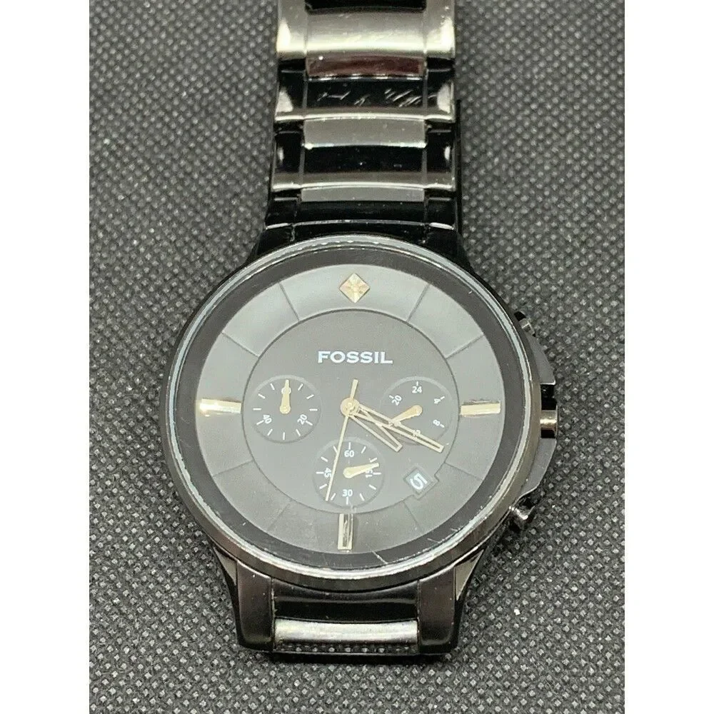 Fossil FS4344 Unisex Watch Diamond Analog Stainless Steel Black Bracelet O675